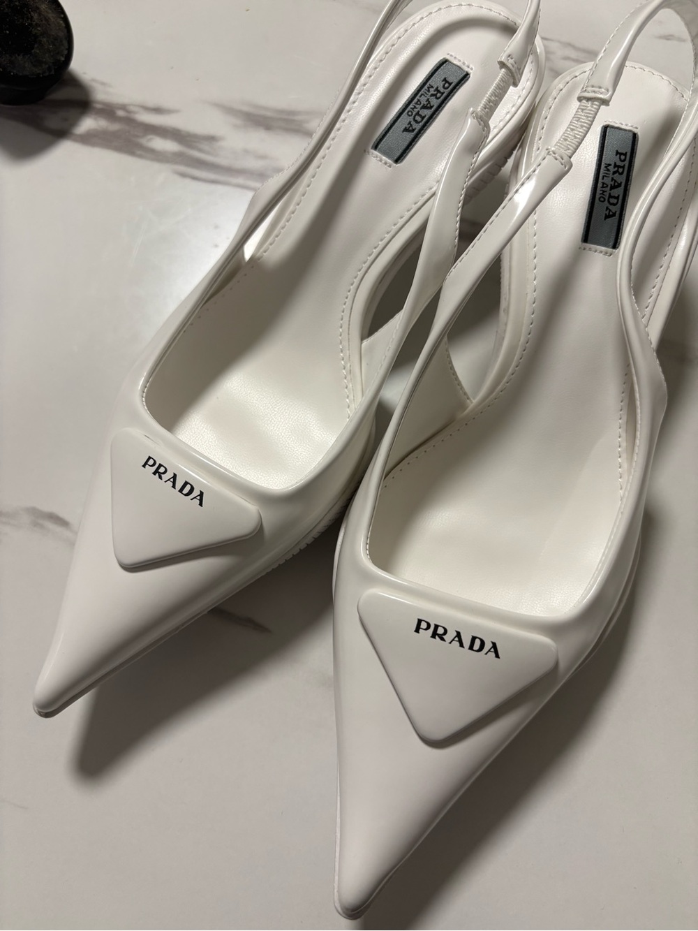 Prada White Patent Slingback Pumps with Pointed Toe - Picture 2 of 5